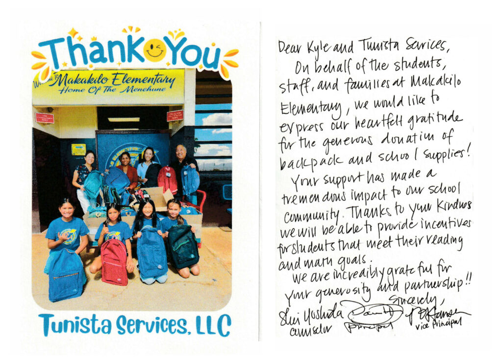YulistaCARES Backpack Campaign thank you note